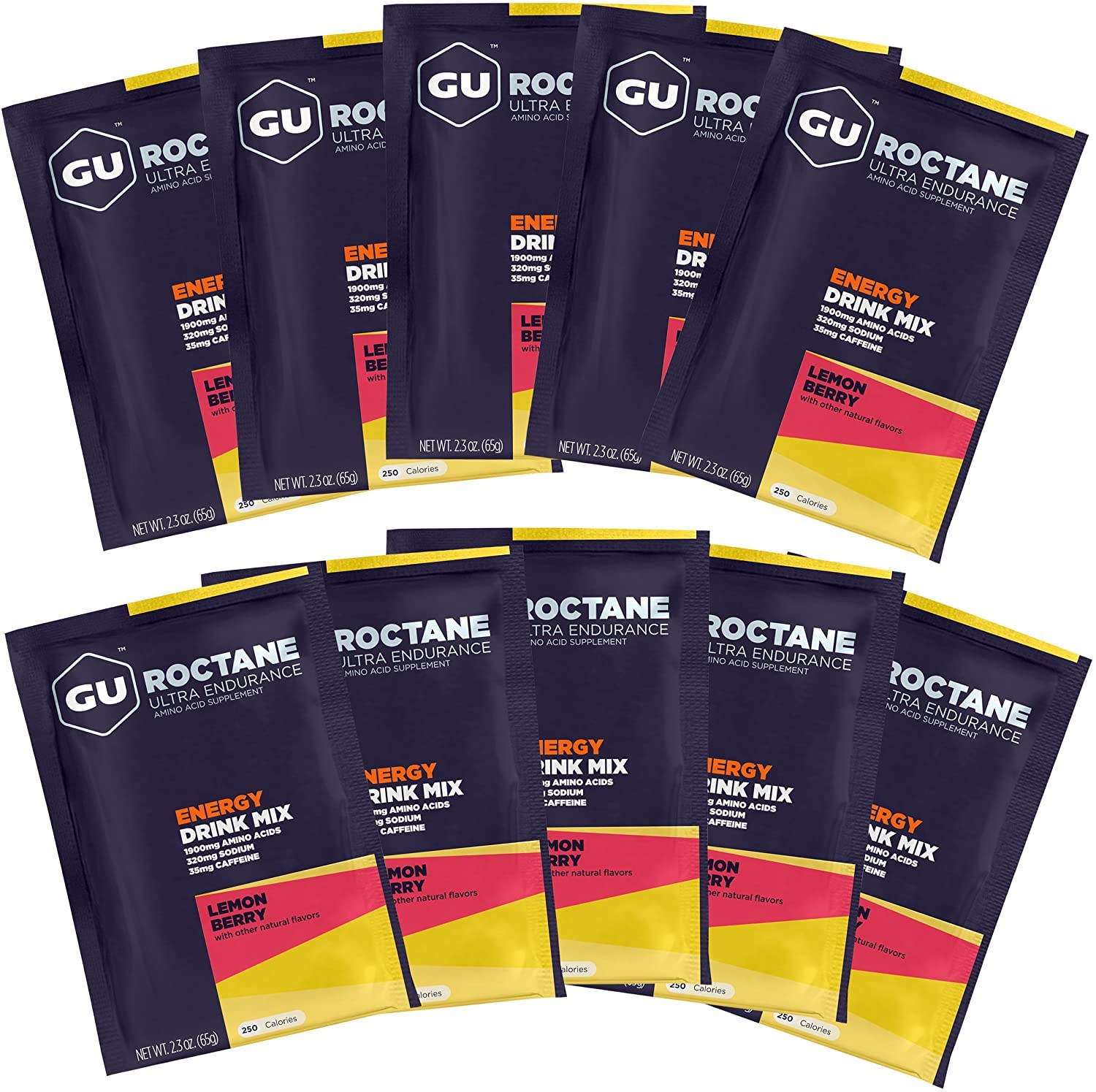 GU Energy Roctane Ultra Endurance Energy Drink Mix, Vegan, Gluten-Free, Kosher, Caffeine-Free, and Dairy-Free n-the-Go Energy for Any Workout, 10 Single-Serving Packets, Lemon Berry