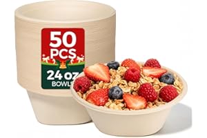 hooray mida [50 Pack] 24 OZ Heavy Duty Disposable Paper Bowls - Made from Natural Bagasse - Eco-friendly Bowls for Hot Soup, Salad, Dessert