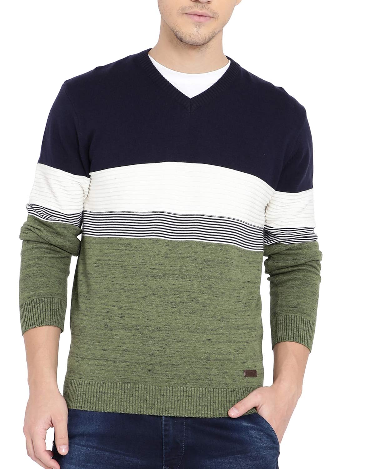 tbase Green & Navy Blue VNeck Striped Sweater Sweater for Mens