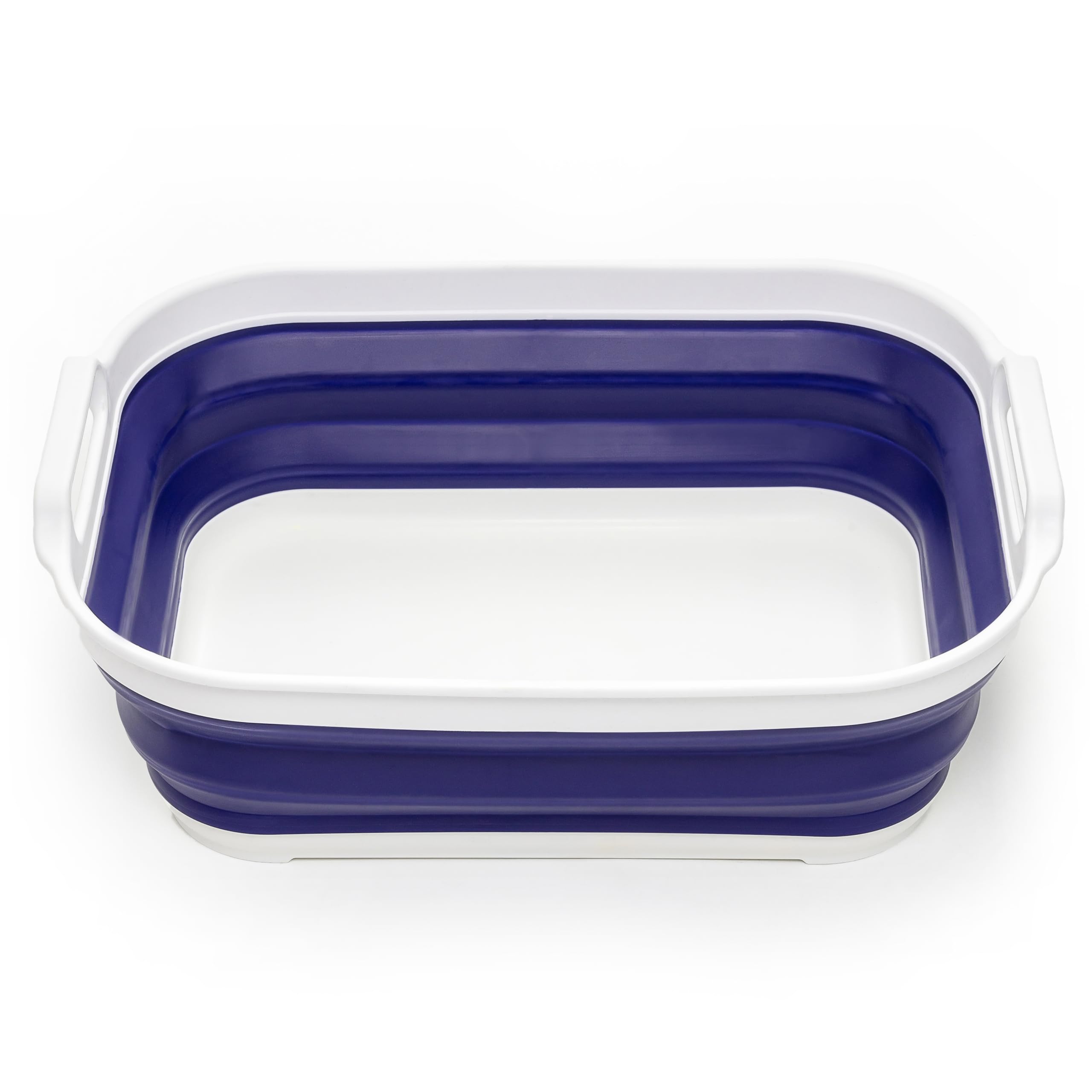 SAMMART 13L Collapsible Tub with Handle - Portable Outdoor Picnic Basket/Crater - Foldable Shopping Bag - Space Saving Storage Container (White/Navy Blue)