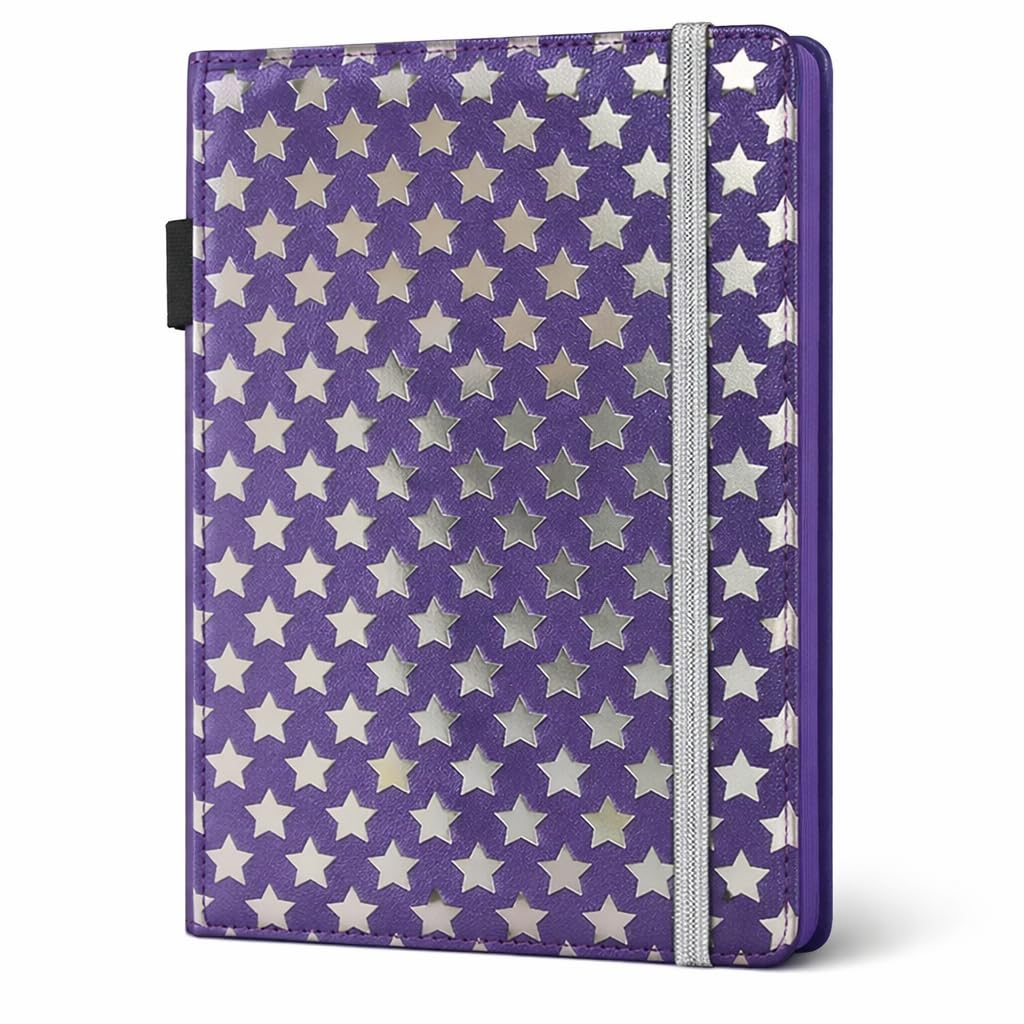 EJRange Notebook A5 Lined Note Pad- Padded Wipe Clean Cover Ruled Journal Notebooks Stationary, 192 Pages, Stars Design(Purple)