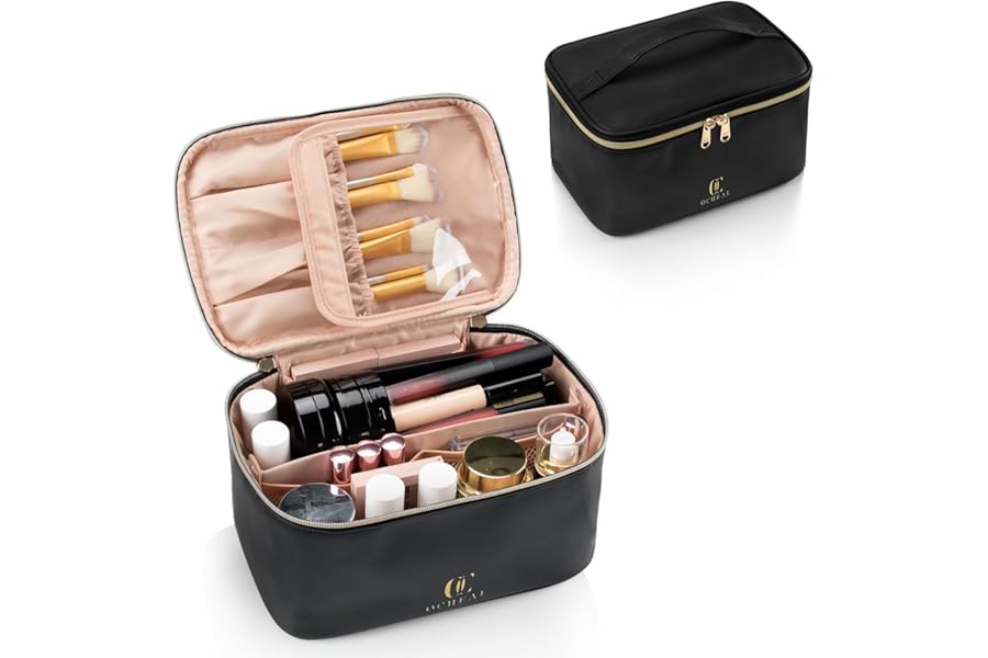 OCHEAL Makeup Bag, Portable Cosmetic Bag, Large Capacity Travel Makeup Case Organizer, Black For Women Toiletry Bag for Girls Traveling With Handle and Divider