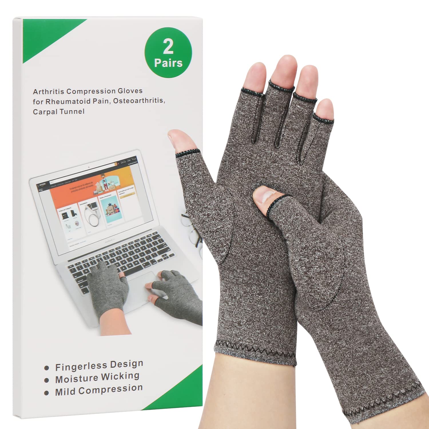2-Pair Arthritis Compression Gloves for Alleviate Rheumatoid Osteoarthritis, Carpal Tunnel Raynauds Disease, Ease Muscle Tensi on Fingerless, Breathable & Moisture, Women and Men (Grey, Medium)