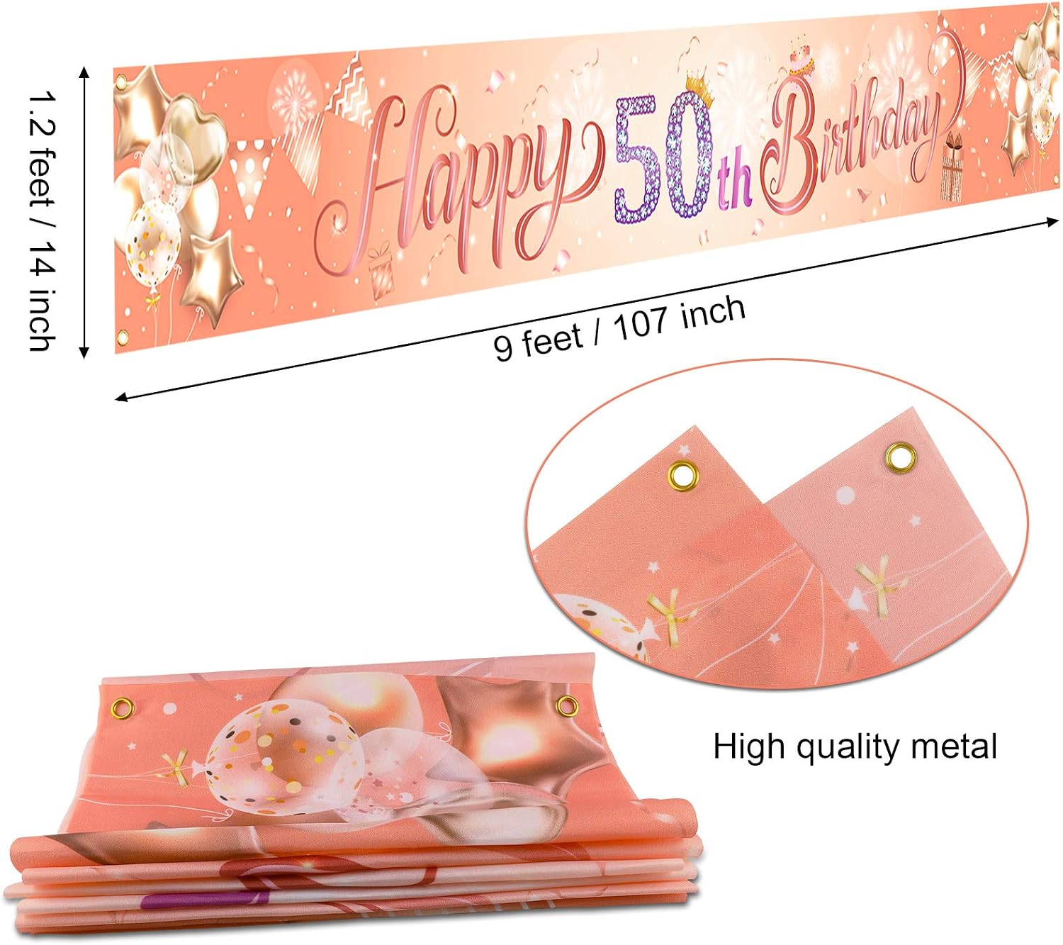 HOWAF Long Women 50th Birthday Banner Decoration Rose Gold - Image 3