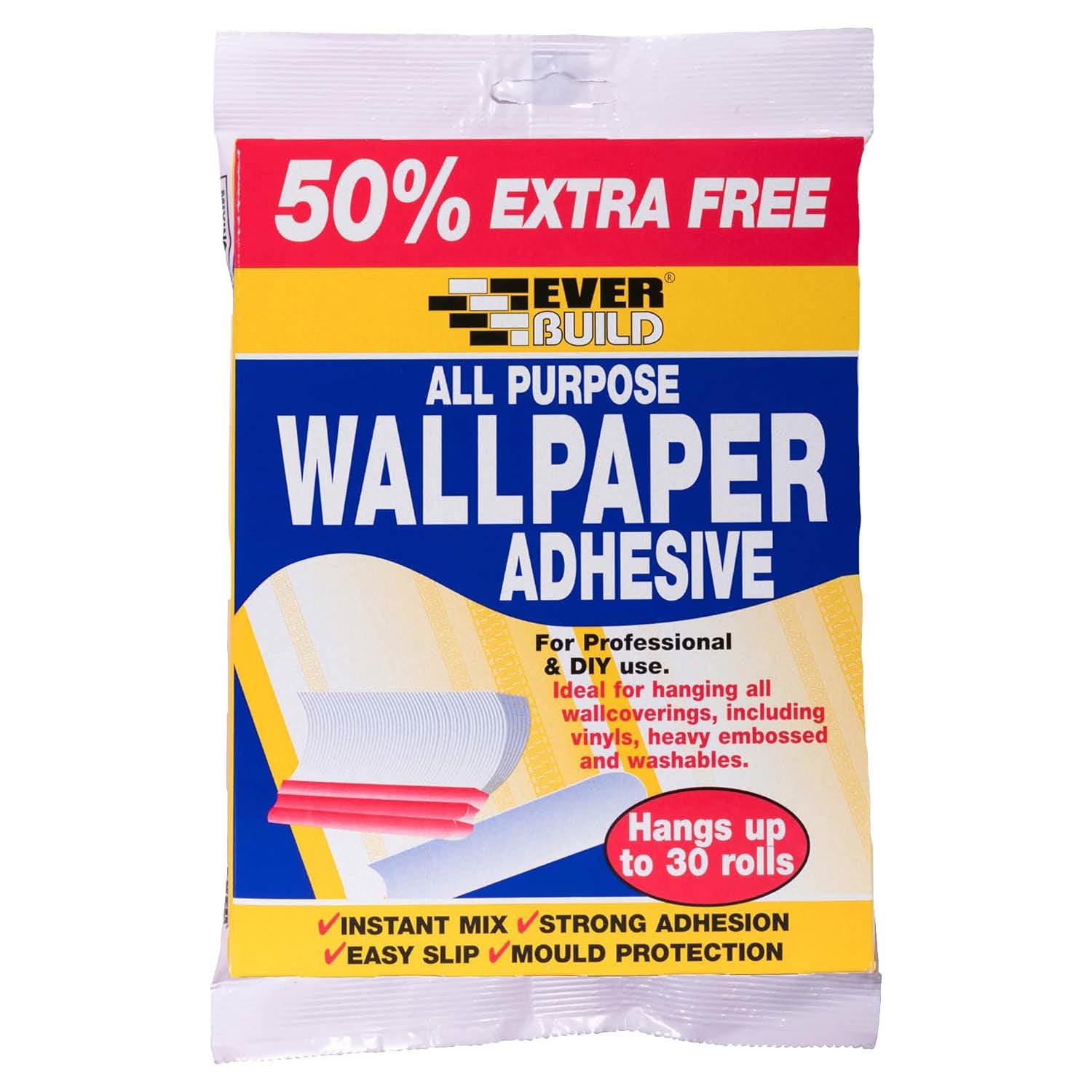Everbuild All Purpose Wallpaper Adhesive – Contains Fungicide – High Tack – Easy-Mix Formula – 1 Box Hangs Up To 30 Rolls (20 rolls + 50% extra free)