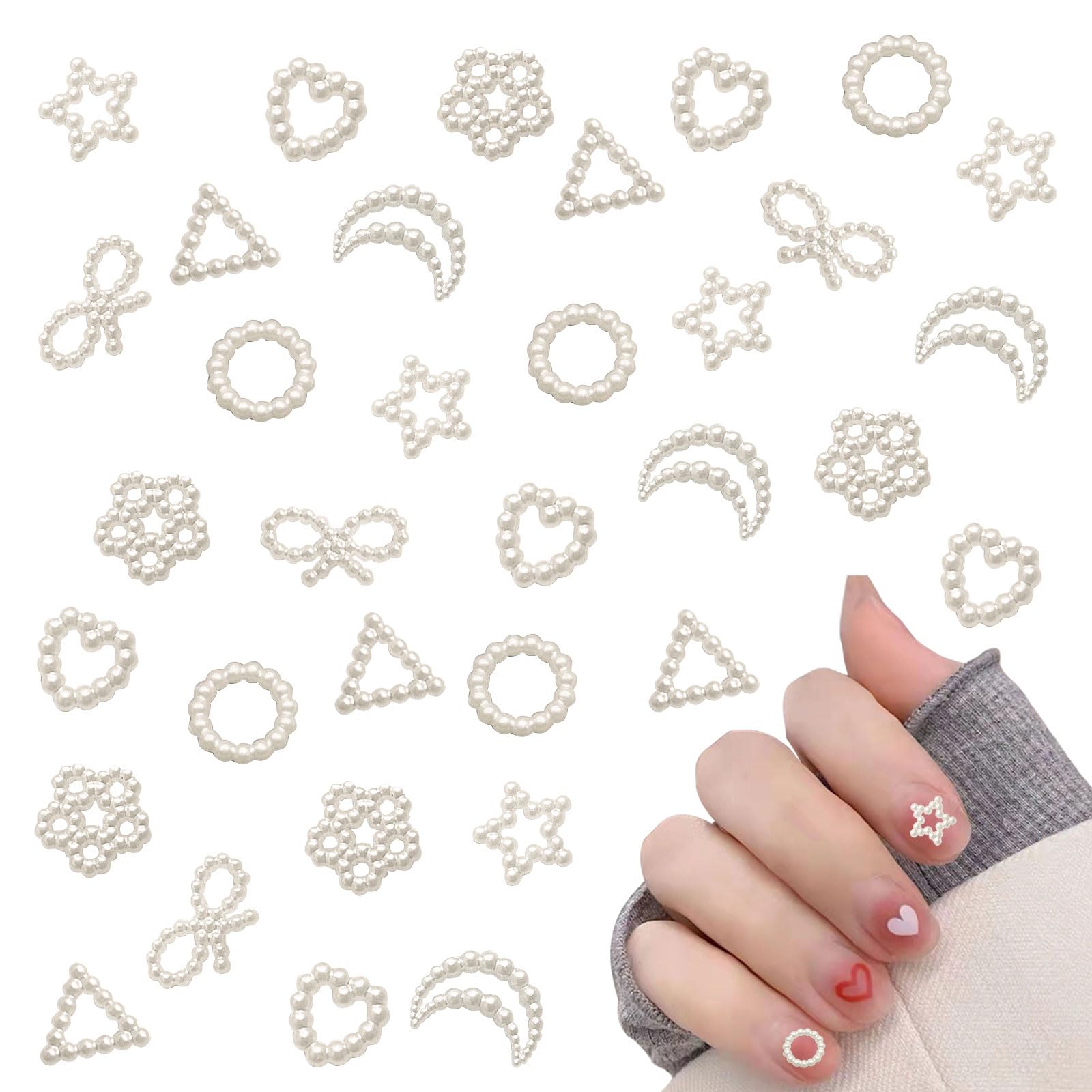 Pearls Nail Charms,200PCS Mixed Beige Pearls Star Circle Bow Moon Flower Triangle Love Heart Nail Gems,3D Hollow Resin Nail Charms for Nail Art Design Decorations DIY Crafting Jewels — image 1