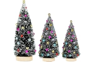 Winlyn 3 Pack Artificial Mini Tabletop Christmas Trees Tiny Frosted Bottle Brush Trees Decorated Small Sisal Trees with White Snow and Colorful Beads Winter Holiday Miniature Décor Assorted Sizes