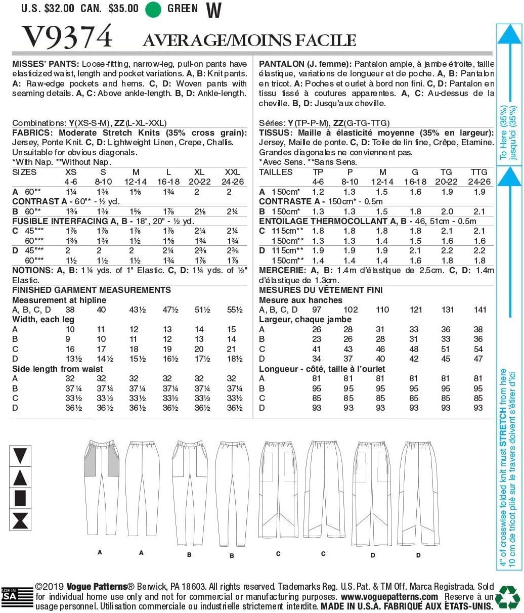 Amazon Com Vogue V9374zz Women S Loose Fitting Pants Sewing Patterns By Marcy Tilton Sizes 16 26 White Arts Crafts Sewing