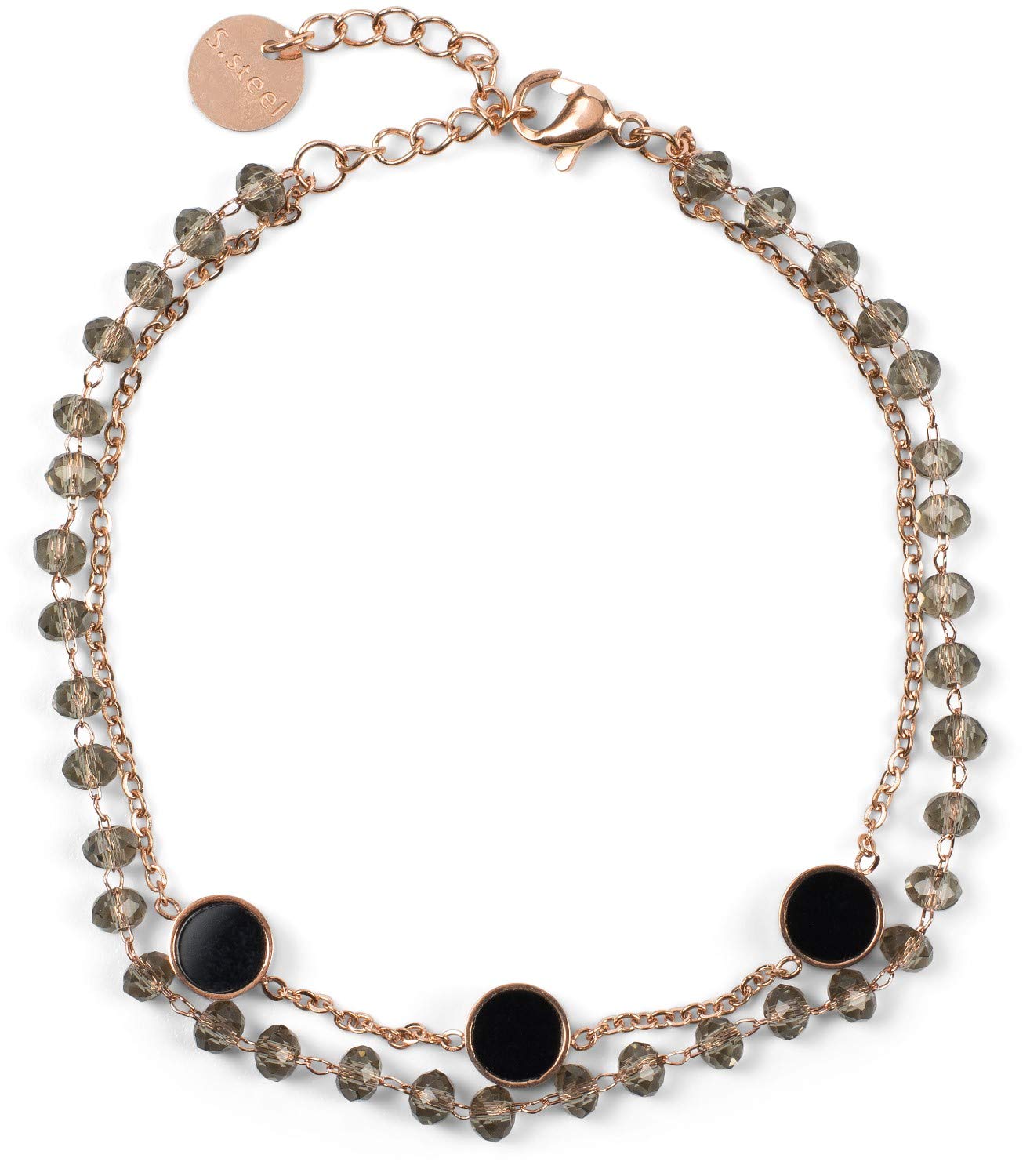 styleBREAKER Ladies Stainless Steel 2-Row Layer Bracelet with Plastic Beads and Round Pendants, Anchor Chain, Jewellery 05040186, Colour:Rose Gold/Grey