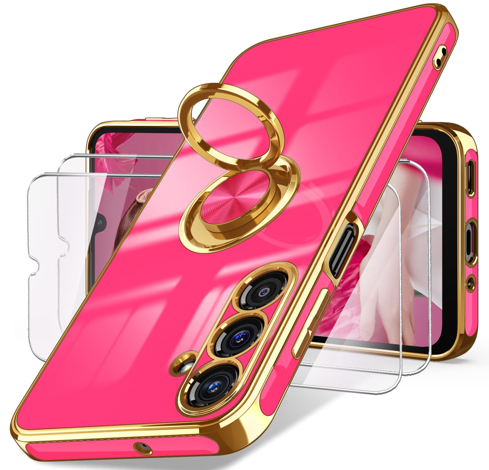 Dretal for Samsung Galaxy A17 5G Case, Screen Protector, 360° Rotatable Ring Holder Magnetic Kickstand,Plated Gold Edge Slim Soft TPU Protective Phone Cover for Galaxy A17 5G (Hot Pink)