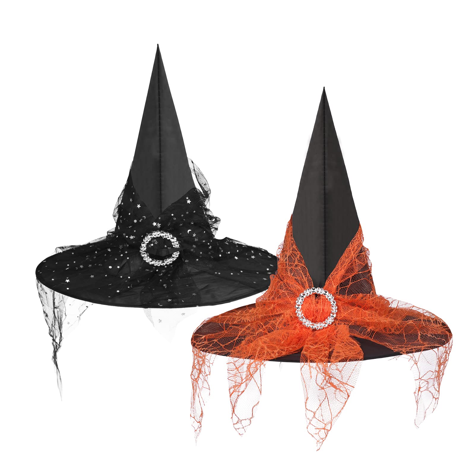 2Pcs Witch Hat Halloween Wizard Hat Cap with Veils Women Girls Halloween Costume Decoration Witch Hat Party Masquerade for Adult Female Party Decor Carnival Daily Cosplay Role Play Accessory