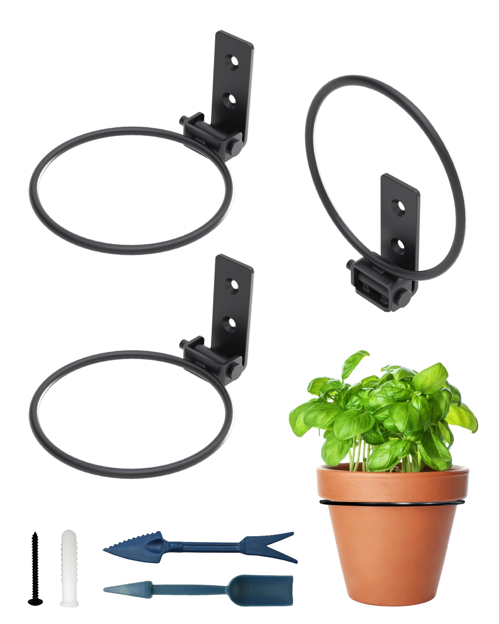 NACETURE 4 Inch Plant Hangers Outdoor and Indoor Ring Holder 3 Pack - Wall Hook Metal Plant Stand Planters - Black Flower Pot Ring Set with Garden Shovel