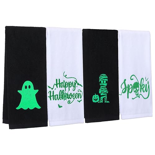 FuWeave 4 Sets Halloween Glow in The Dark Hand Towels Spooky Happy Halloween Kitchen Bathroom Towels Embroidered Cotton with Luminous Cloth Patch, Need to Absorb Sunlight(Mummy)