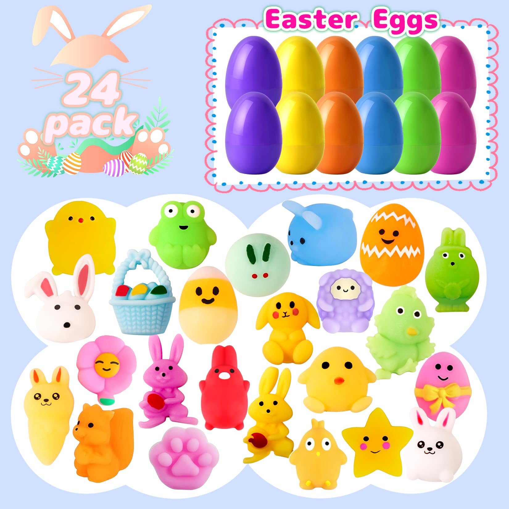 Photo 1 of 24 Pcs Easter Egg Filled with Mochi Squishy Toys – Kawaii Easter Basket Stuffers, Egg Hunt Prizes, Stress Reliever Squishy Toy for Kids Party Favor, Classroom Prize Supplies