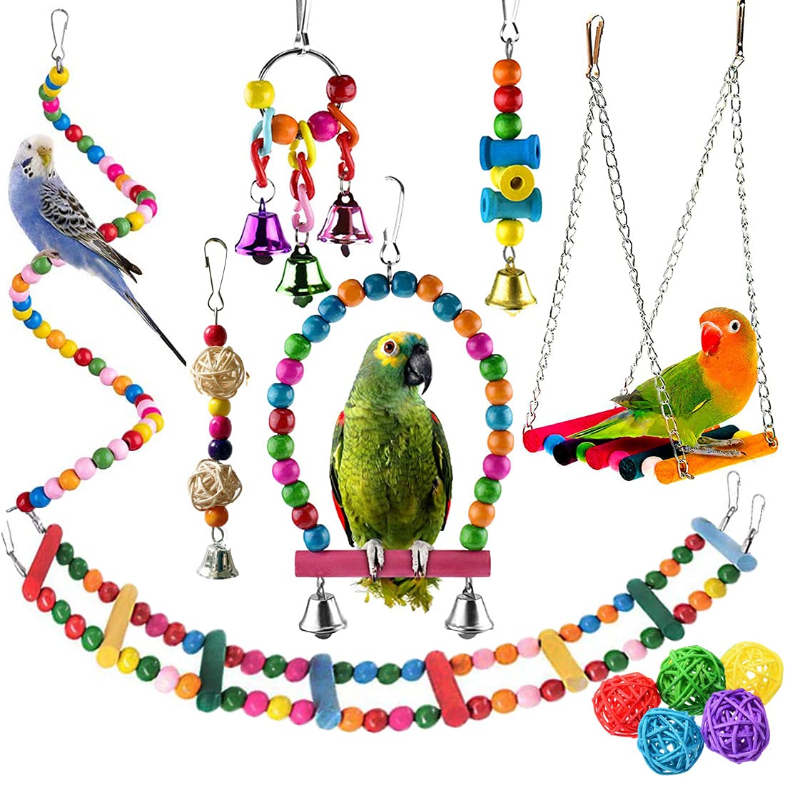 Parrot Toys 12Pcs Birds Budgie Cage Toys Hammock Swing Hanging Bell and Chewing Toys for Bird Small Parakeets Cockatiels, Macaws, Parrots, Love Birds, Finches