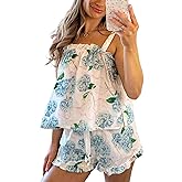 Yiulangde Womens Summer Pajamas Sleeveless Ruffle Straps Babydoll Cami Top Tank and Elastic Waist Pj Shorts Pajama Outfit Set