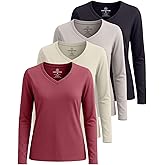 Real Essentials 4 Pack: Women's V-Neck Cotton Long-Sleeve T-Shirt (Available in Plus Size)