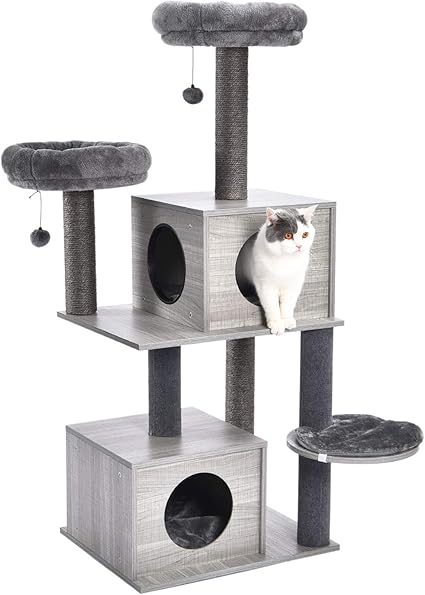 Pawz Road Arbre à Chat En Bois Design Stable Et Solide Arbre Chat De Avec Des Poteaux En Sisal Gris Et 2 Niches Centre Davtivité Multifonctionnel