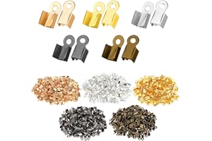 Telooco 1000Pcs Cord Ends for Jewelry Making Fold Over Cord Crimp End Tips Leather Ribbon Ending Clasp Tips Jewelry Connector for Jewelry Making 5 Colors, 3.5 x 9 mm/ 0.14 x 0.36 Inch