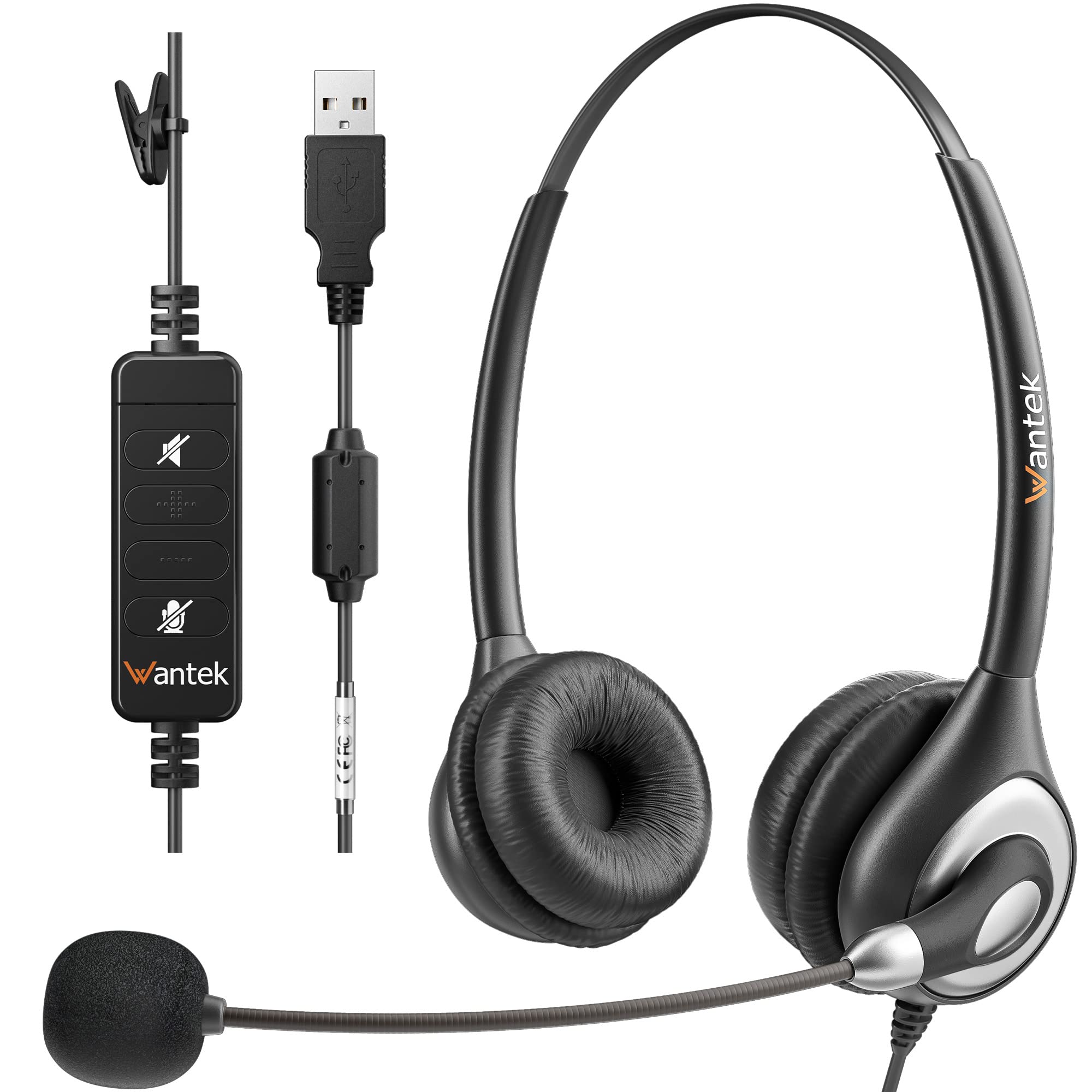 Wantek 602NUSB Headsets with Noise Canceling Microphone for Call Center Online Conference Office Work Teams Meetings Windows Computers Laptops