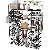 Piggy-G 9 Tiers Shoes Rack for Entryway, Shoe Organizer with Hook Rack, Shoe Storage Shelf Organizer Stackable Long Shoe Shelf for Hallway Entryway, Closet, Garage, Bedroom, Cloakroom