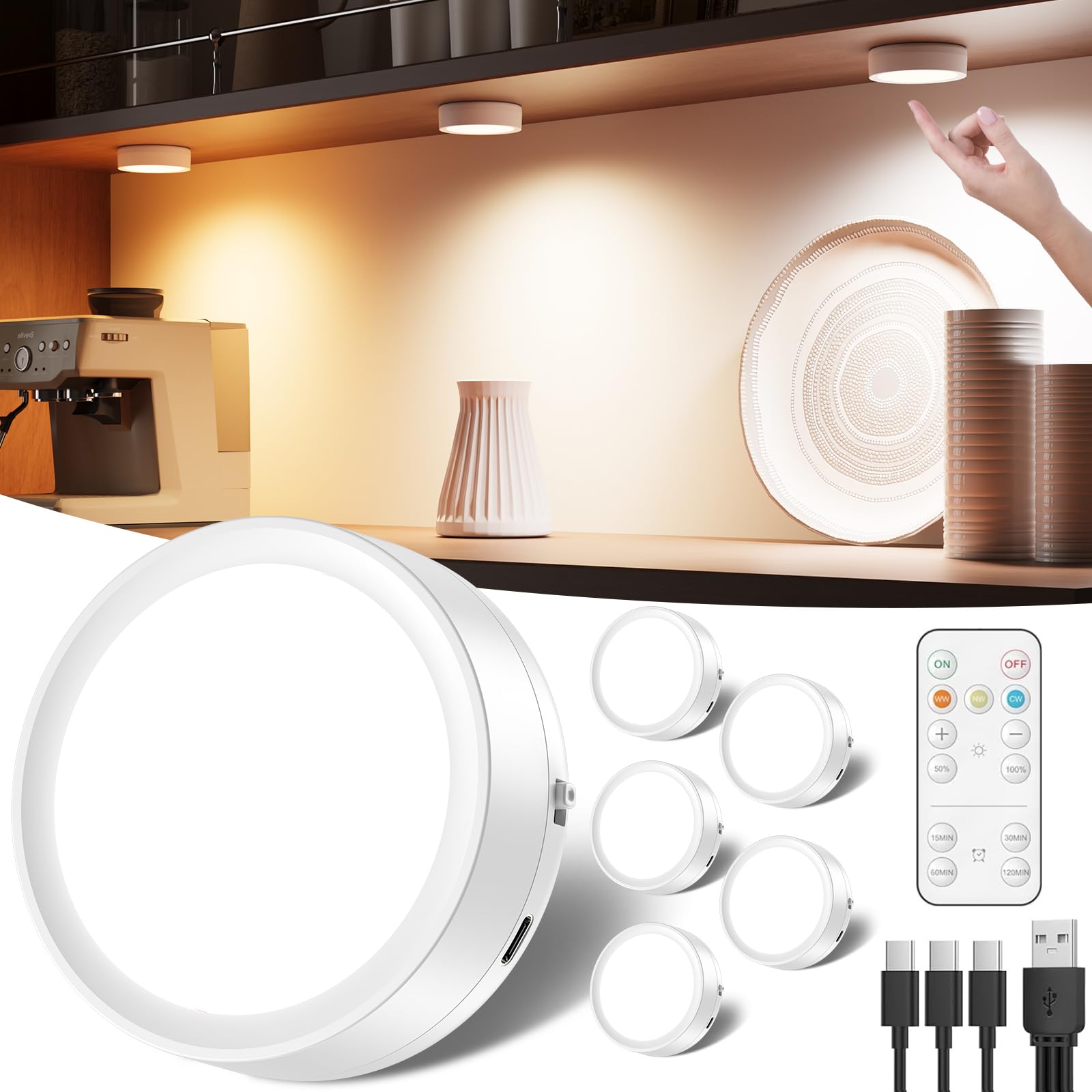 Photo 1 of Rechargeable Puck Lights with Remote Control, 2400mAh Battery Powered Push Lights Stick On for Closet Magnetic Tap Light USB LED LED Display Shelf Lighting Kitchen Under Cabinet Press Button Light