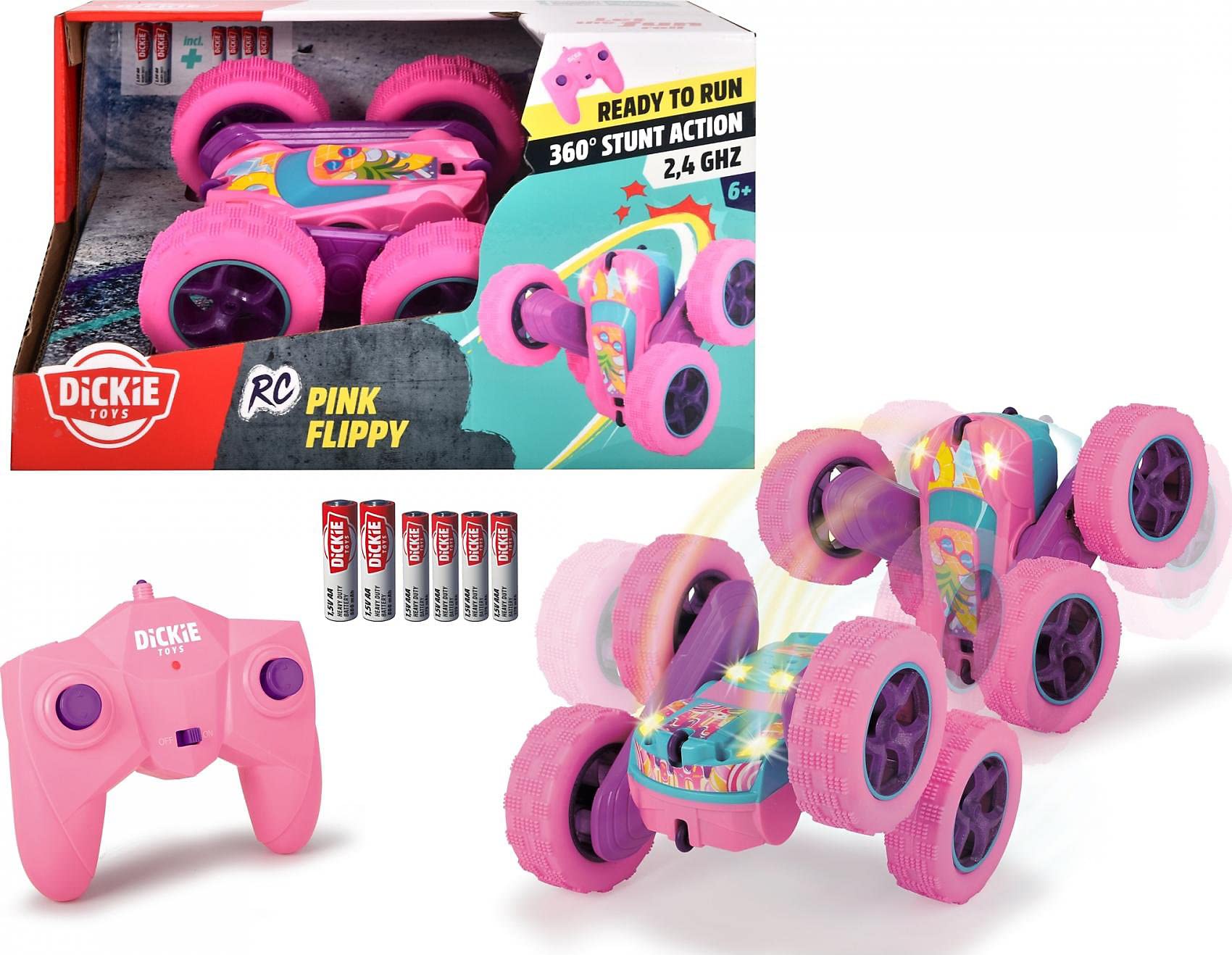 Dickie Toys Pink Drivez RC Candy Flippy Remote Control Toy Car Rotating and Flip Function with Remote Control up to 8 km/h for Boys and Girls Illuminated 6+ Years 28 cm Pink/Turquoise