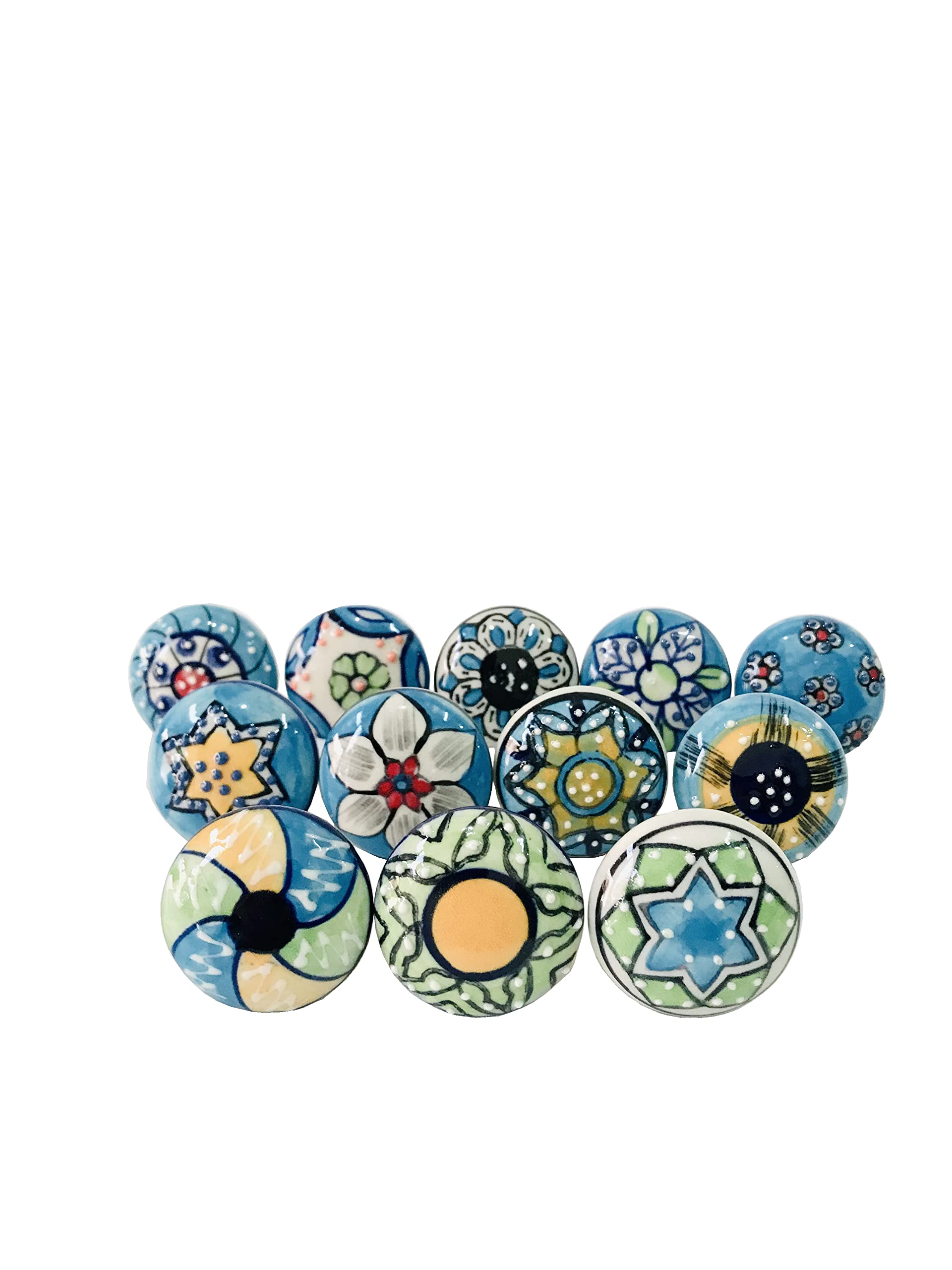Gavya International Decorative Cupboard Knobs - Assorted Cabinet Colorful Mandala Ceramic Pull Handle for Kitchen Drawers Cupboard Wardrobe Furniture Hardware - Colour Blue - Pack of 12