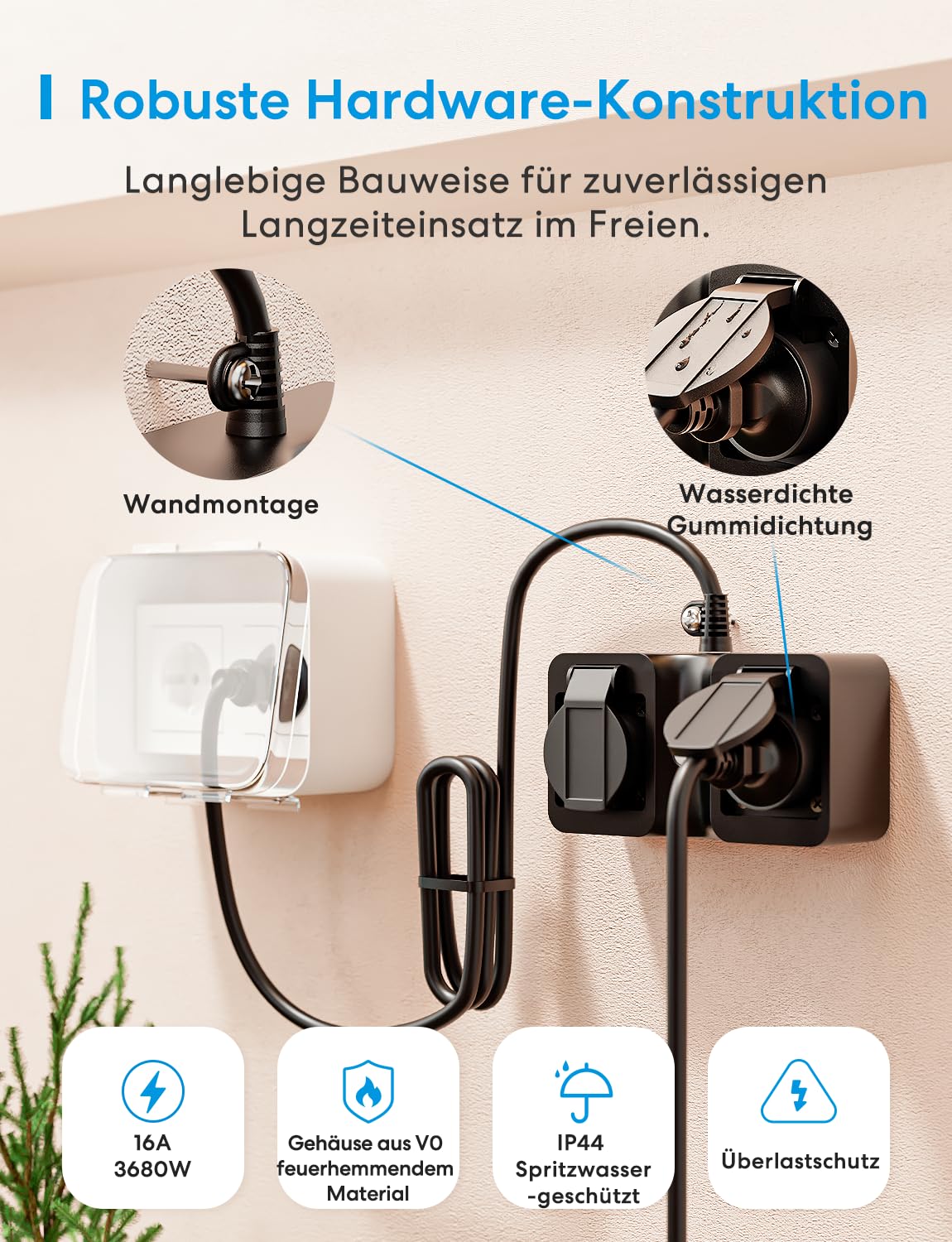 Meross Matter WLAN Steckdose Outdoor mit Strommessung, Smart Steckdose Stromzähler für Balkonkraftwerk Außensteckdose Wasserdicht IP44, funktioniert mit HomeKit, Alexa und Google, 16A 1,5m 3