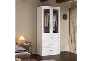 WOODTIME Wardrobe Closet with Hanging Rod, 3 Framed Drawers & 2 Glass Doors, Modern Wooden Armoire, Clothes Storage Cabinet Organizer for Bedroom Apartment, White