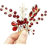 BETITETO Crystal Bridal Hair Comb Wedding Gold Vine Leaf Rhinestone Hair Piece Accessories for Women Girls (Red)