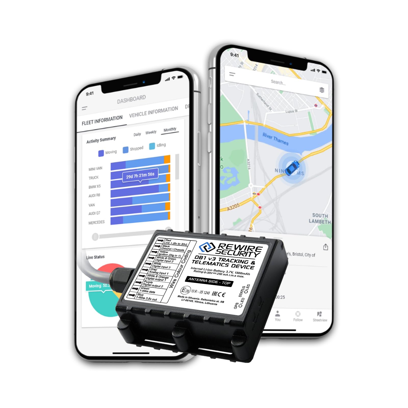 REWIRE SECURITY DB1 Advanced GPS Tracker Vehicle Tracker – Hard-Wired Portable Real-Time Locator for Car Truck Van & More | Automatic Alerts | Covers 120+ countries | Low-Cost Monthly Subscription