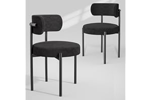 PatioPerk Boucle Dining Chairs Set of 2, Black Mid Century Morden Chair with Curved Backrest, Round Upholstered Sherpa with Metal Legs, Suitable for Various Kitchen Styles