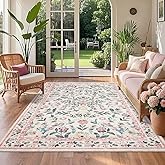 Floral Washable Rug 4x6, Non-Slip Low Pile Botanical Carpet, Vintage Farmhouse Area Rug for Bedroom Nursery Kids Room Home Decor, Pink