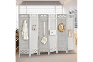 Aleesing Room Dividers and Folding Privacy Screens, 6 Panel Pegboard Display with 24 Hooks, Wood Room Divider Wall Portable Display Board Organizer for Craft Show Jewelry, Home, Jewelry Store, White