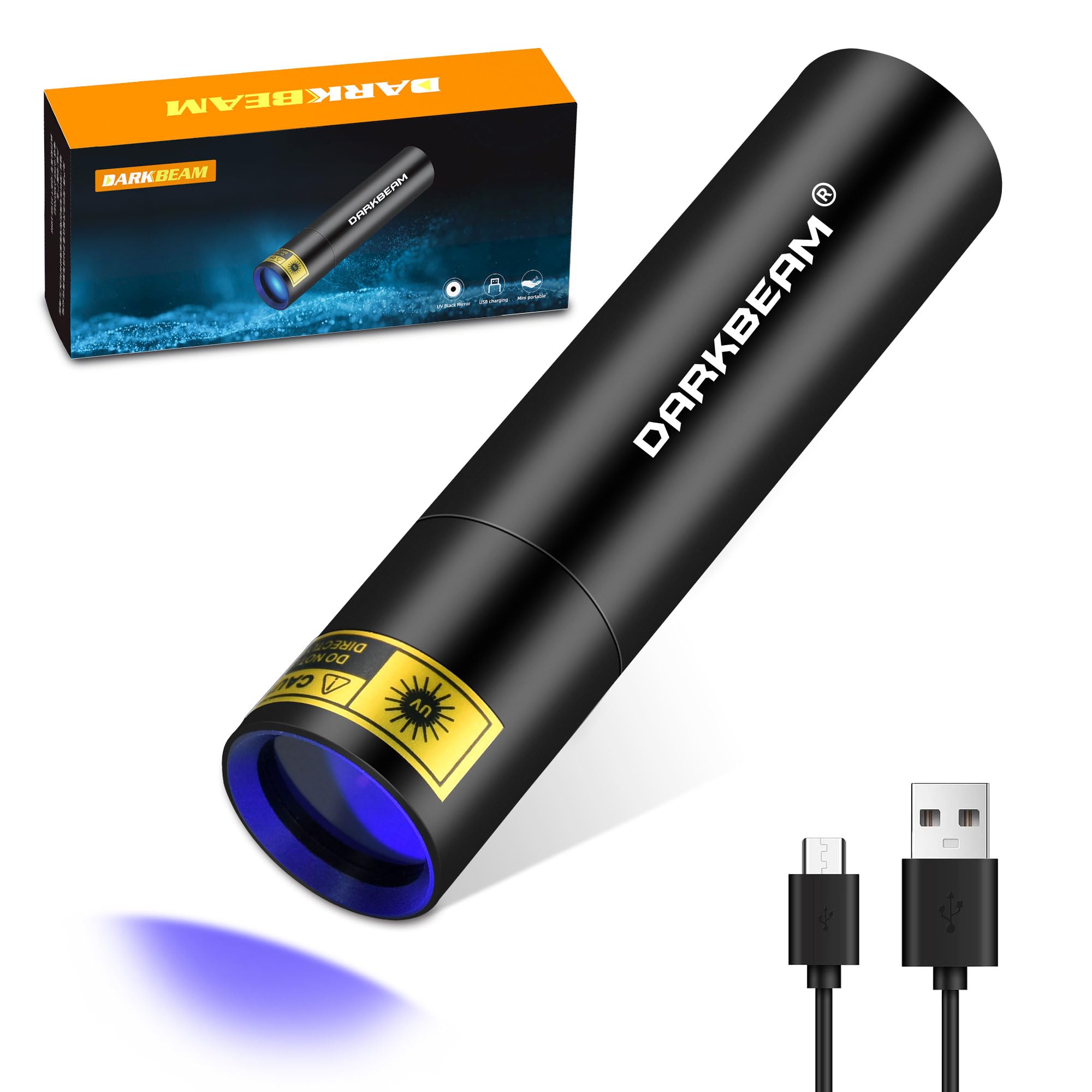 DARKBEAM UV Torch 365nm Mini Black Light - Rechargeable USB Strong Ultraviolet Flashlights LED, Portable Woods lamp, Detector for Pet Urine/Stains, Flurescent, Blood Tracking,Uranium Glass,Amber 370nm