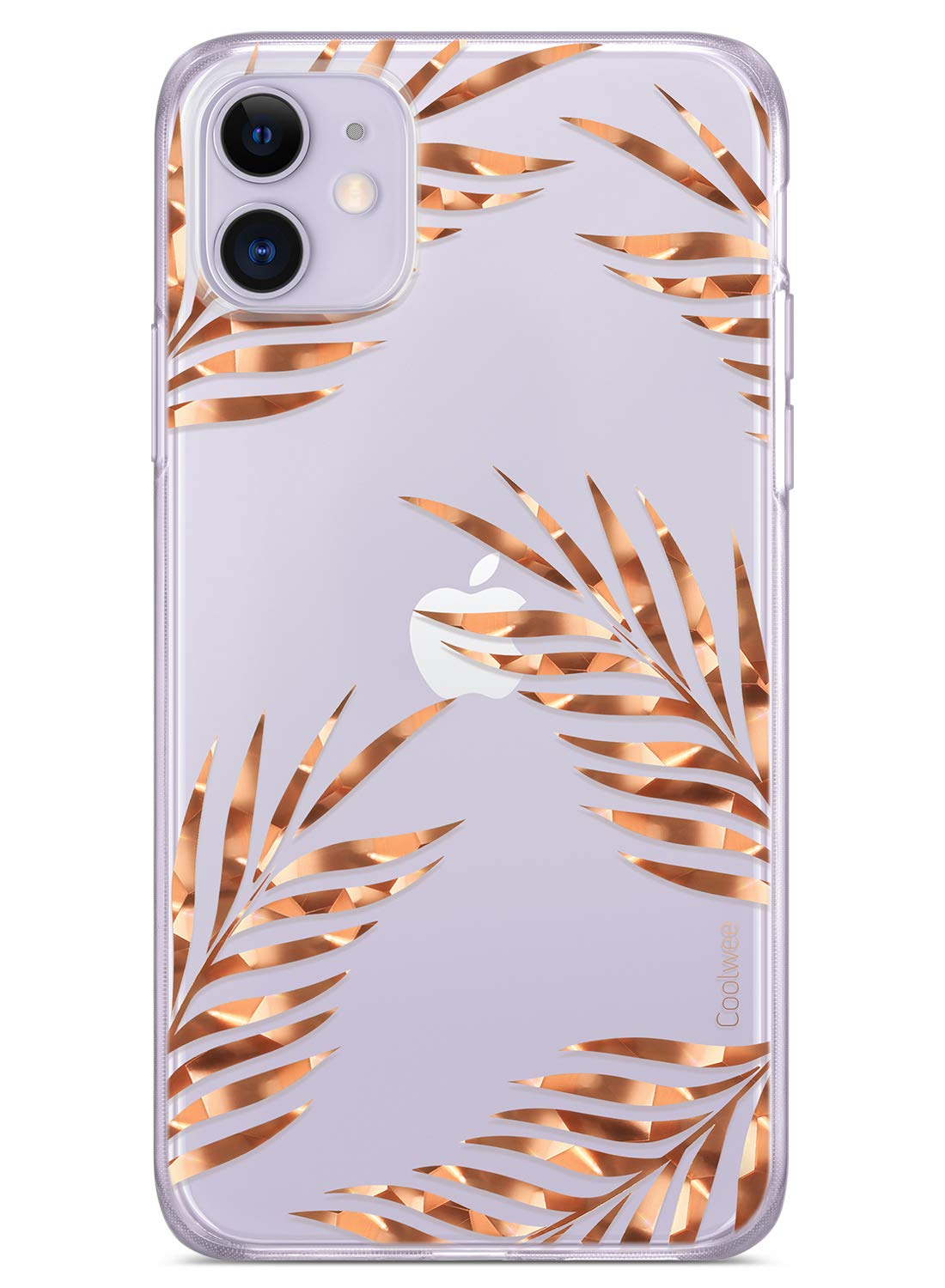 Coolwee iPhone 11 Case Rose Gold Palm Floral Case for Women Girl Men Foil Clear Design Shiny Glitter Hard Back Case with Soft TPU Bumper Cover for Apple iPhone 11 6.1 inch 2019 Tropical Leaves