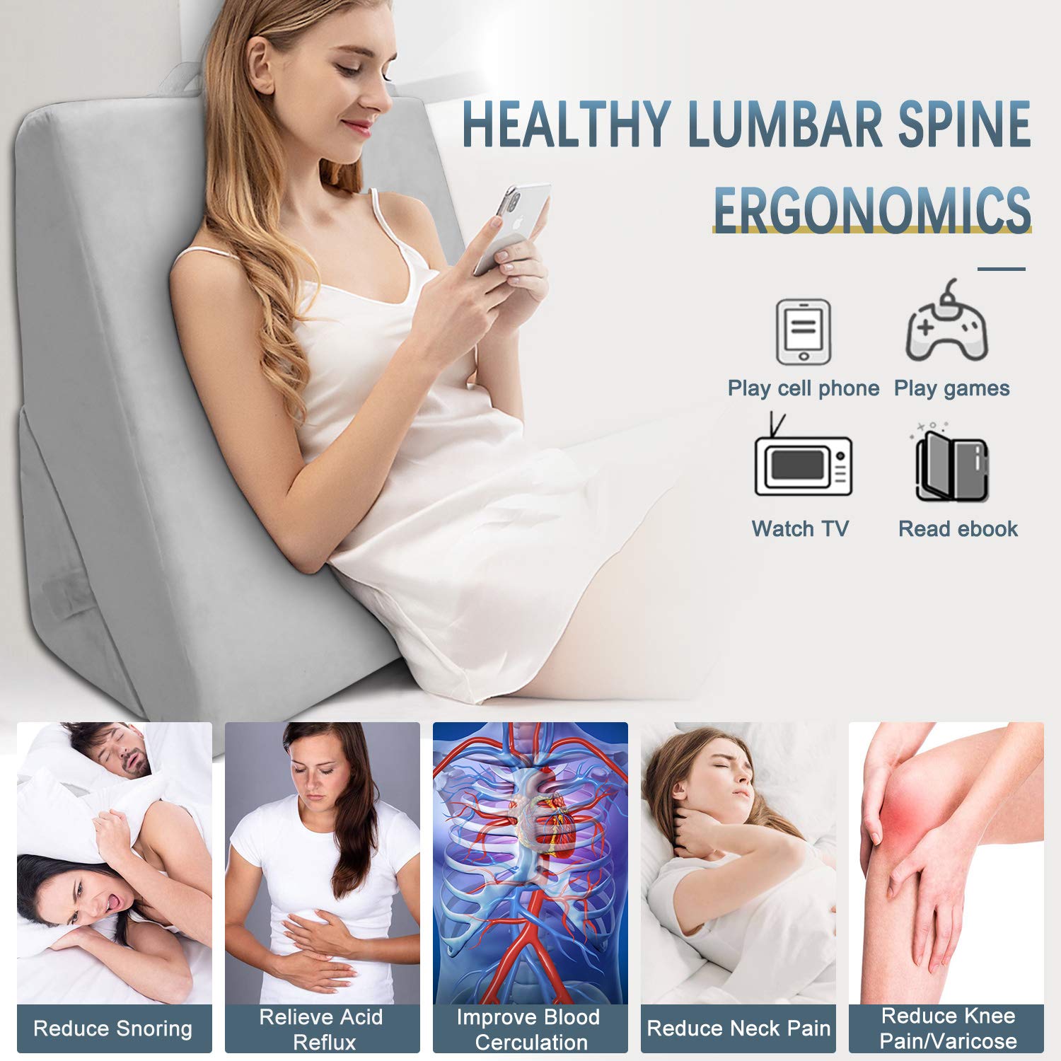 Wedge Pillow, Adjustable 9 &12 Inch Wedge Pillow for Sleeping, Memory Foam Bed Wedge Pillow with Removable Cover, Folding Incline Cushion for Legs and Back Support, Acid Reflux, Anti Snoring, Reading