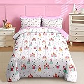 Nesker 5 Pcs Comforter Set Twin Size, Cartoon Castle Princess Bedding for Kids Teen, Cute Horse Bed Sheet with Pillowcase & Sham