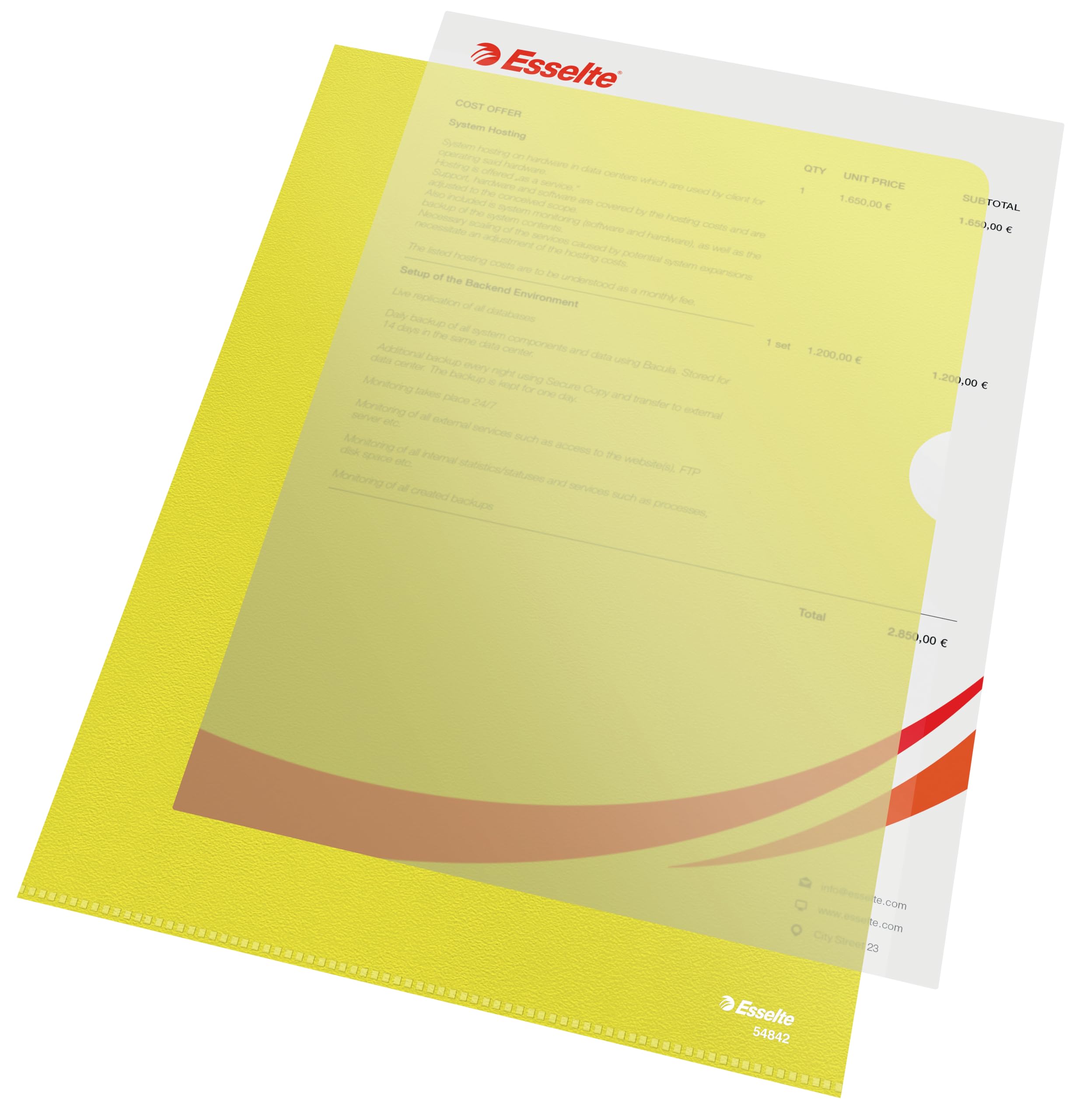 Esselte Premium Folder A4, Clear Yellow Matt Finish, 115 Micron Polypropylene, Box of 100, 54842