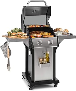 Klarstein Lucifer 2.0-T Edelstahl Gasgrill, 2 Brenner, emailliert 45x44cm Gusseisen Grillrost, klappbare Seitenteile, Thermometer, InstantReady Concept: sofort grillbereit, Rollen mit Bremsen