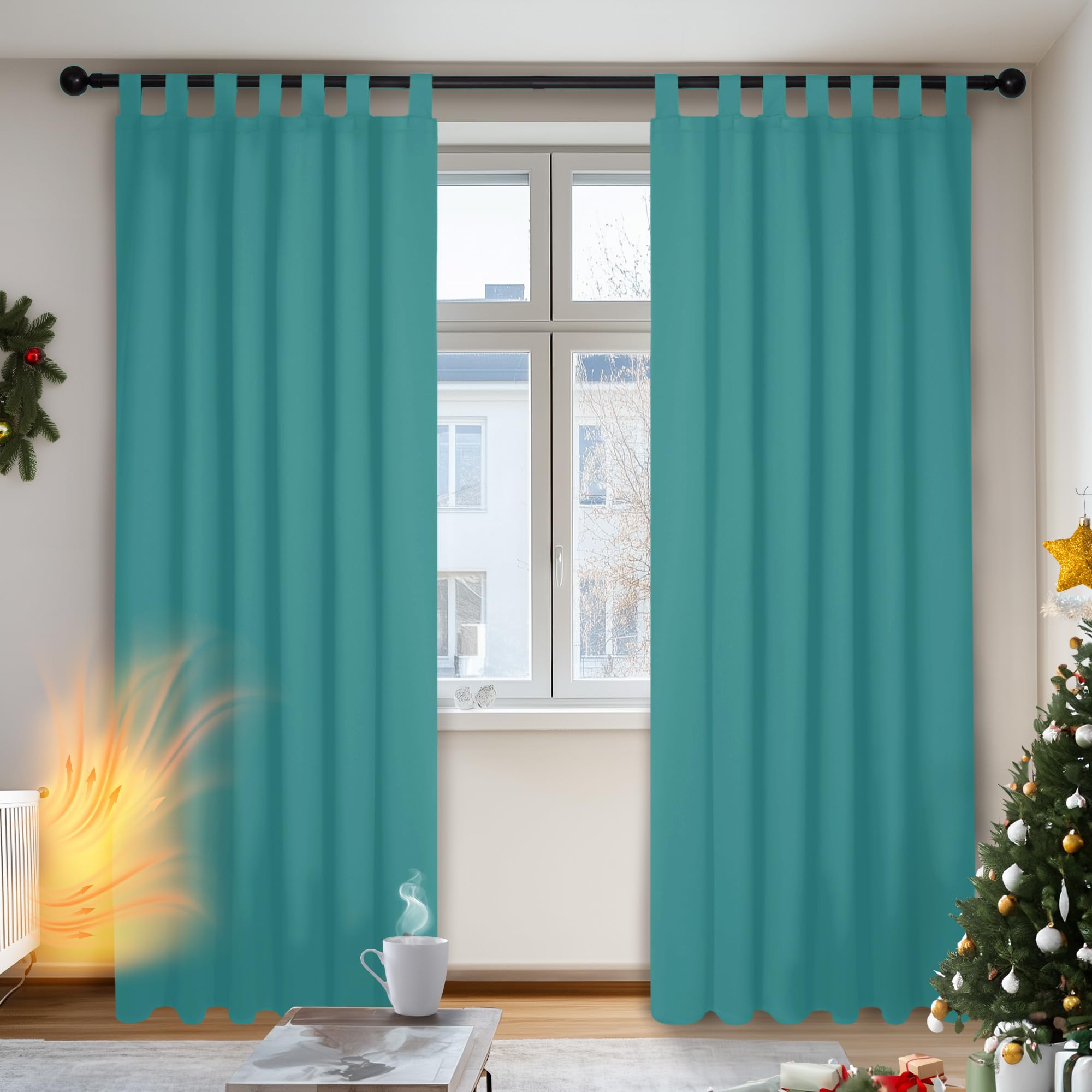 Deconovo Super Soft Window Treatments Noise Reducing and Energy Saving Blackout Curtains Thermal Insulated Tab Top Curtains for Boys Room Turquoise W55 x L79 Inch One Pair