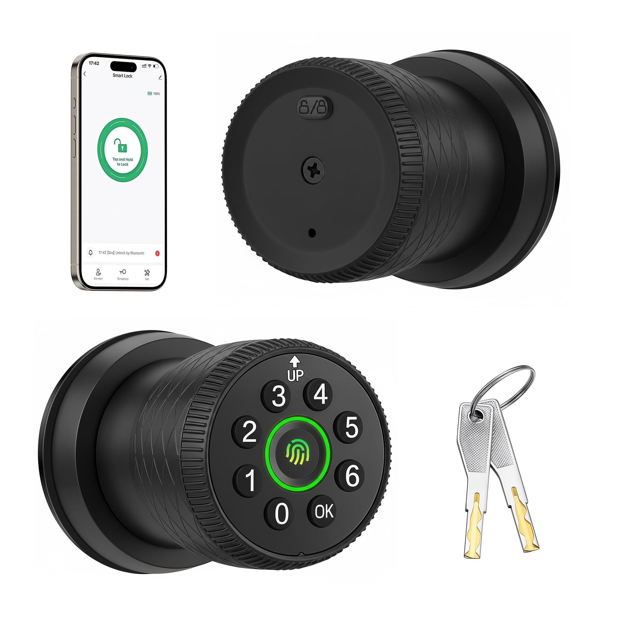 Photo 1 of Leydebong Keyless Entry Fingerprint Door Knob, Smart Biometric Door Lock with Keypad Passcode Door Knob with Auto-Lock for Front Door, Bedroom, Gate & Office, Finish in Matte Black
