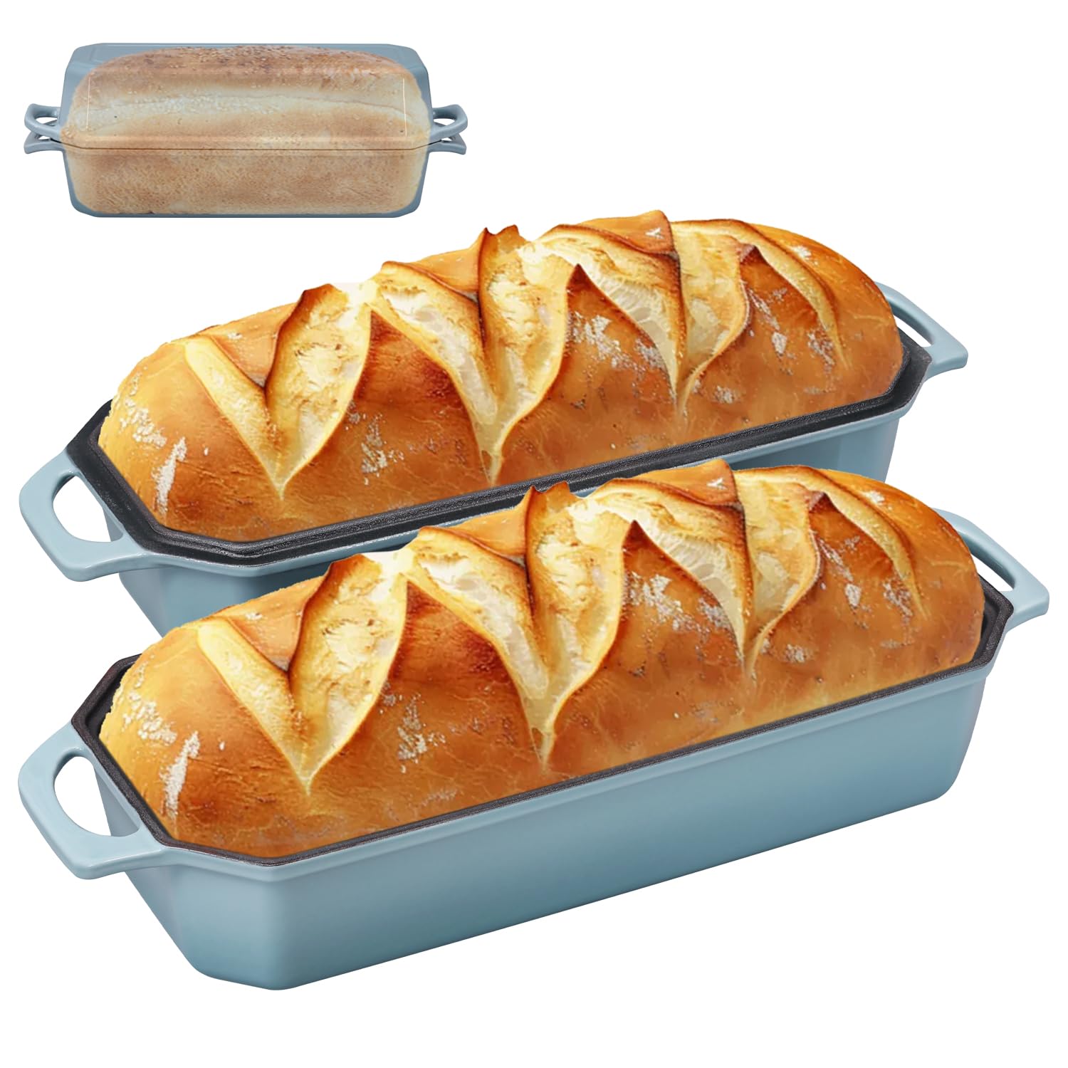 Photo 1 of Flavehc Bread Pan Cast Iron Loaf Pan with Lid Bread Loaf Pan 13x5 Inch Enameled Cast Iron Sourdough Bread Pan, LightBlue
