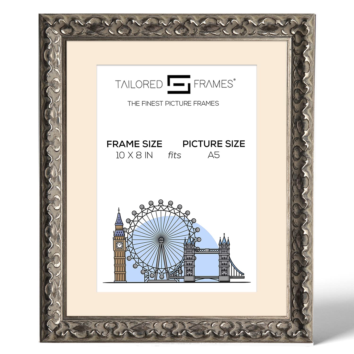 Tailored Frames Vienna Silver 10" X 8" Frame for A5 Picture | Rustic Style Vintage Single Picture Frame | Table Top & Wall Hanging Type | Photo Frame with Antique Mount