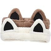 TIESOME 2 Pcs Cute Cat Spa Headbands, Soft Coral Fleece Face Wash Headbands for Washing Face Skincare Makeup Women Hair Accessories Cream White and Brown