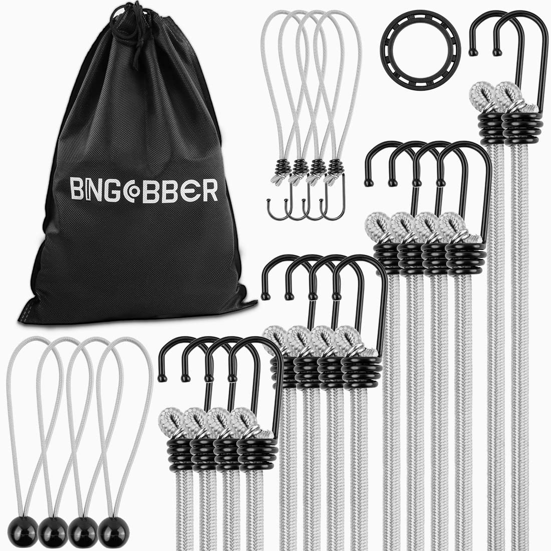 BINGCOBBER Bungee Cords with Hooks, 23 pcs Set of Heavy Duty Bungee Cords,Multi-Purpose Elastic Bungee Straps with Hooks and Fixed ring for Luggage Straps, Camping