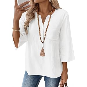 LOMON 3/4 Length Sleeve Womens Summer Tops Dressy Casual Button Down Shirts for Women Womens Loose Fit V Neck t Shirts