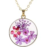 FM FM42 Gold-tone Multi-Colored Pressed Flower Round Pendant Necklace with 17.7" Chain