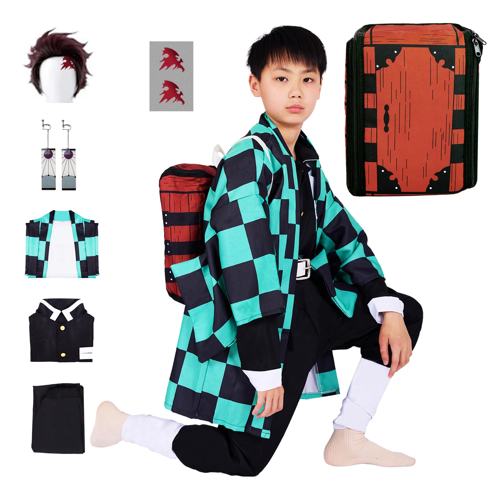 Photo 1 of yyleasar Full Set Kids Anime Tanjiro Cosplay Costume Halloween Kimono Uniform Outfit With Backpack Bag Earrings Wig (130(L))